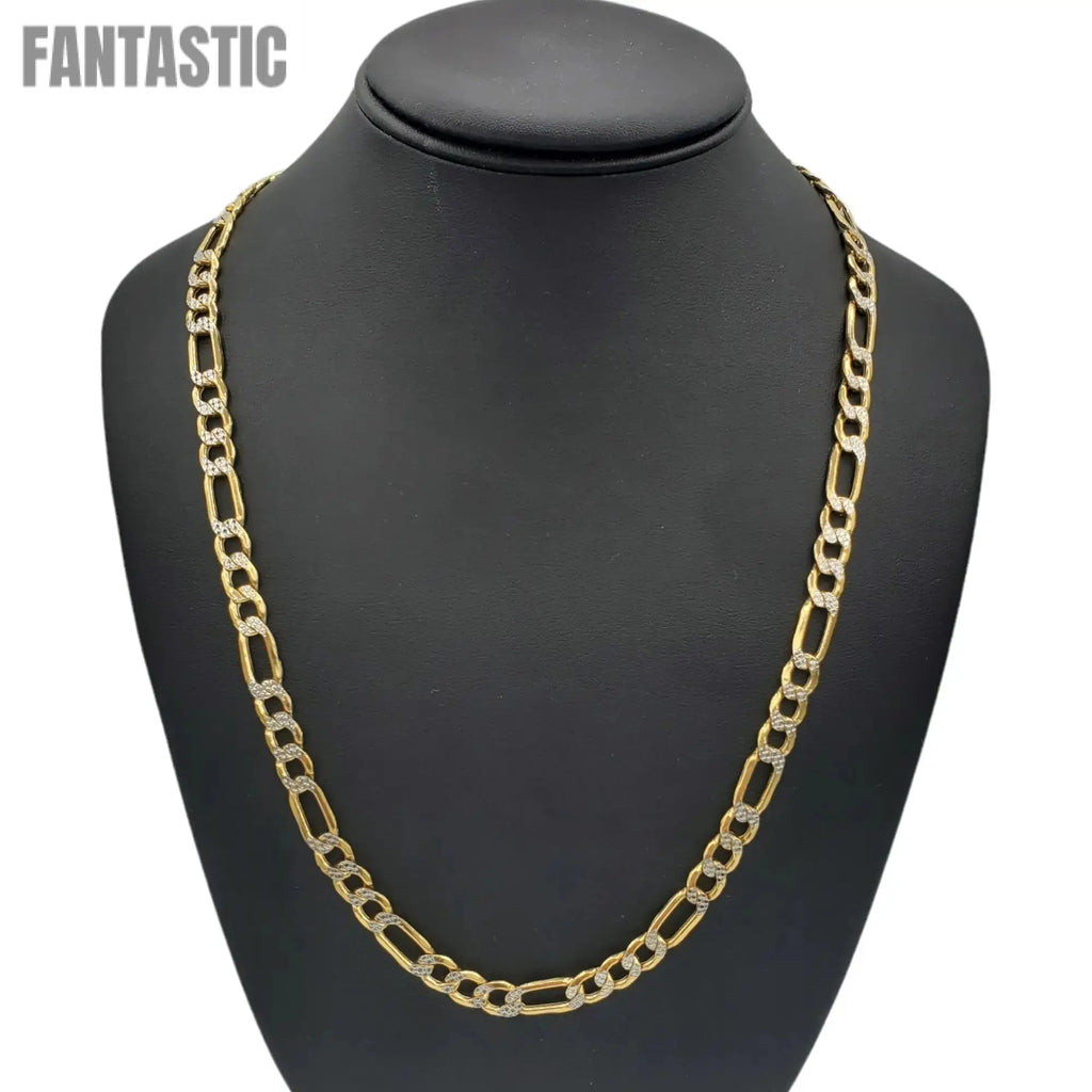 14K Gold- Hollow Figaro Diamond Cut (Pave) Chain