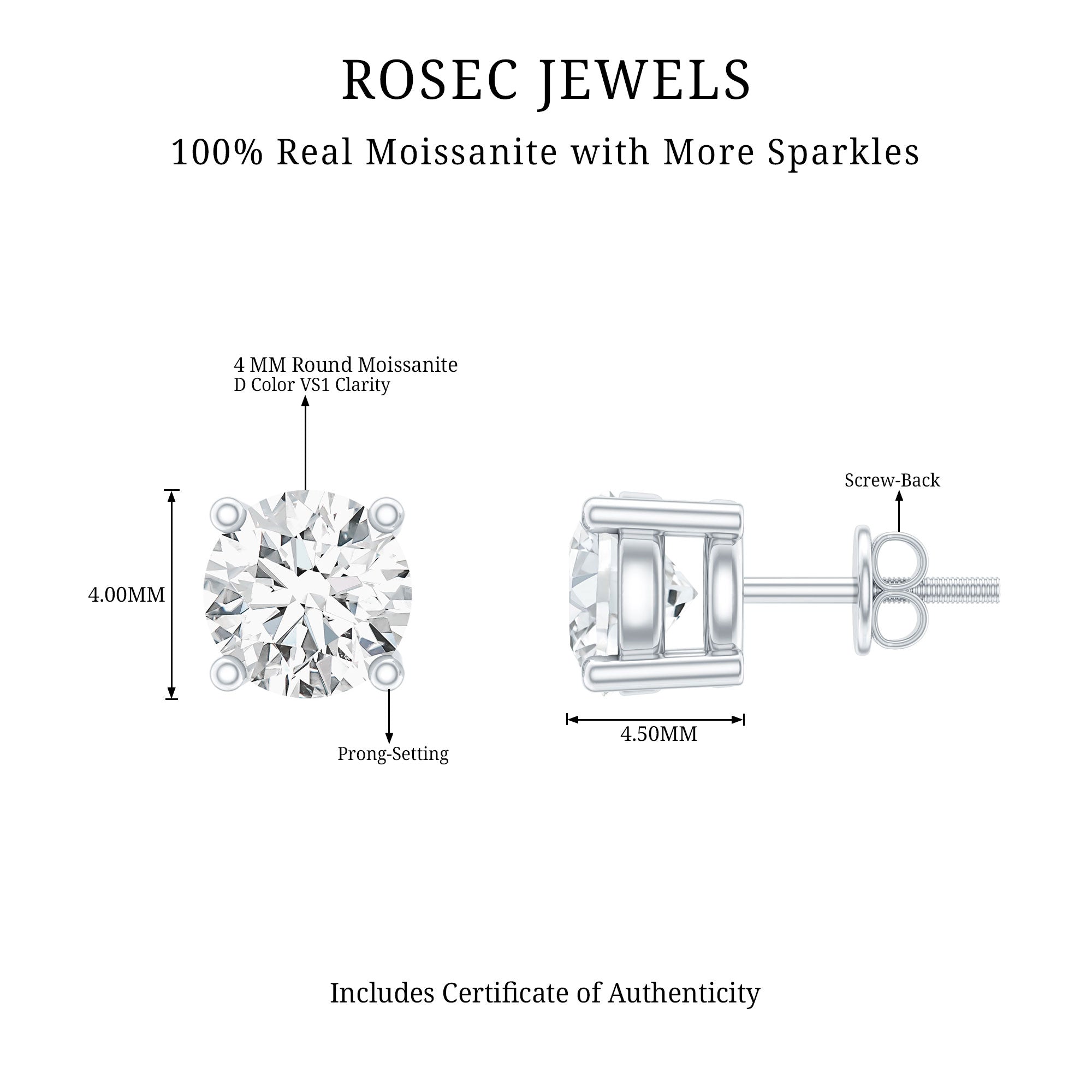 Sterling Silver Moissanite Half Carat Stud Earring